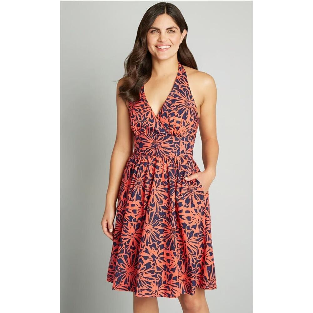 NWT ModCloth Orange Floral Halter Dress, V-Neck, Pockets Fit & Flare Cotton Sz 2